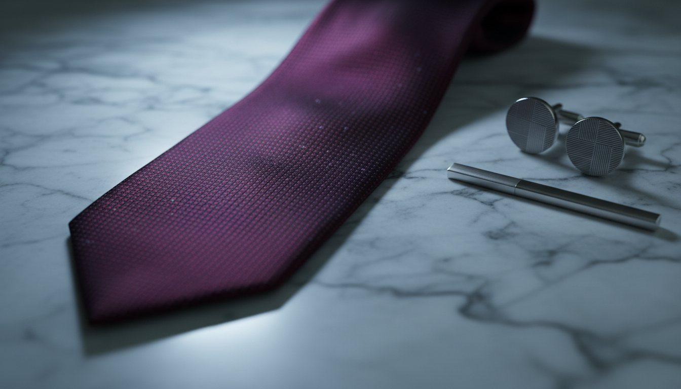 A close-up detail of a silk tie in deep burgundy, intricately patterned with subtle microdots, laid elegantly atop a slab of smooth, polished marble. The fine, rich texture of the silk catches a focused beam of cool, directional gallery lighting—accentuating the interplay of sheen and shadow across the surface. The marble reflects the tie’s colors faintly, adding depth and interest to the composition. Minimalist accessories—a discrete silver tie bar and a pair of textured cufflinks—are arranged nearby, enhancing the sense of refinement. The shot is taken from a low, angled perspective with a shallow depth of field, emphasizing tactile quality. The overall style is clean, modern, and designed to evoke luxury and precision.