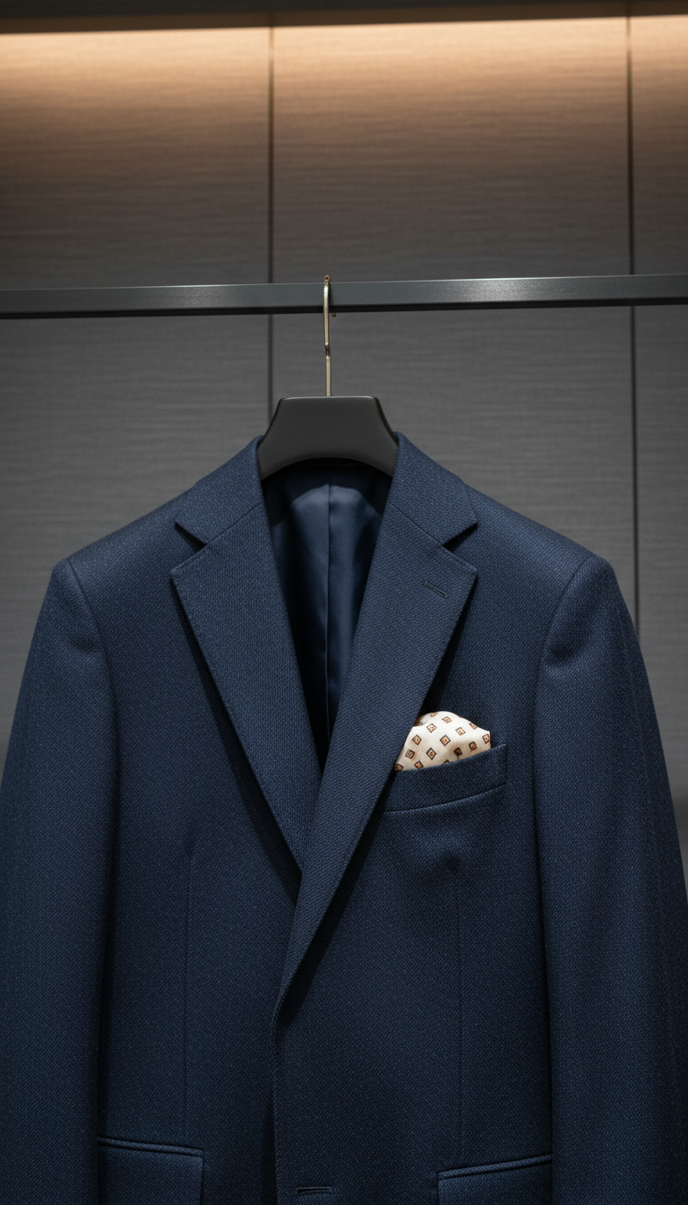 A crisply folded navy wool suit jacket displayed on a matte black wooden hanger, the fine diagonal twill of the fabric visible in close detail, and a smooth silk pocket square subtly peeking from the breast pocket. The jacket hangs against a backdrop of rich, charcoal-gray textured wall panels, accented by indirect, warm ceiling lighting that creates gentle highlights across the contours of the lapel. The setting is tidy and modern, evoking a sense of luxury and professionalism. Captured from an eye-level, slightly off-center angle, with a sharp focus on the jacket and a softly blurred, minimalist background. The mood is calm and aspirational, aligning with a clean and modern photographic style to showcase high-quality men’s dresswear.