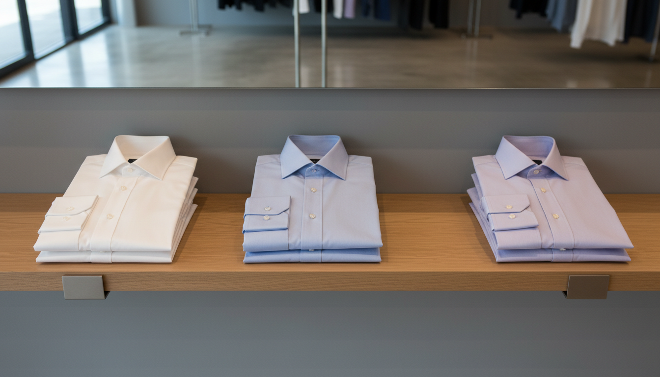 A neatly arranged display of premium men’s dress shirts in solid white, light blue, and muted lavender, each crafted from fine Egyptian cotton with a subtle sateen sheen. Shirts lie perfectly folded atop a smooth, natural oak display shelf, edges aligned precisely. The surrounding environment features a minimalist retail space with a matte gray accent wall and brushed metal shelving brackets. Gentle, diffused natural afternoon light from an unseen window softly illuminates the fabric’s textures, creating understated highlights and soft, elongated shadows. Composition is a bird’s-eye view and uses rule-of-thirds framing, emphasizing the shirts’ uniformity and craftsmanship. The mood is sophisticated yet welcoming, with a clean, contemporary photographic aesthetic supporting the store’s focus on quality menswear.